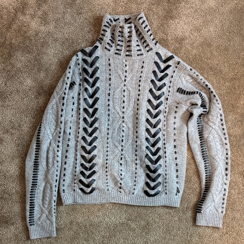 Women's 100% Cashmere Gray Cable-Knit Turtleneck Sweater with Black Faux Leather